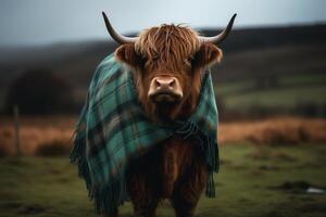 Scottish highland cow wearing green tartan shawl. photo