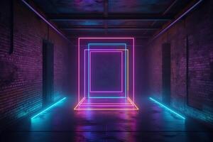 futurista ciencia fi elegante moderno neón brillante rectángulo marco conformado líneas tubos púrpura rosado azul de colores luces en oscuro vacío grunge hormigón ladrillo habitación antecedentes 3d representación. ai generado foto