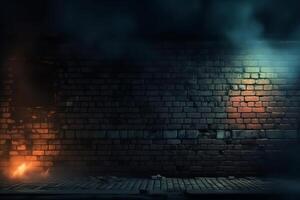 Old brick wall with neon lights dark empty old night street smoke smog textured brick walls 3d illustration. photo