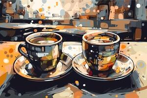 A abstract cups full of expresso in background art style kitchen restaurant. photo