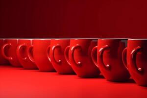 café tazas en un fila rojo antecedentes 3d representación. ai generado foto