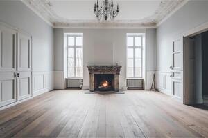 White empty room with fireplace. photo