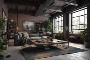 Living room loft in industrial style 3d render. photo