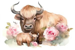 Watercolor mom and baby yak baby shower print on demand rose bouquet yak digital file clipping path isolated on white background. photo
