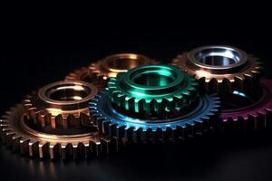 Shiny gears of cold steel colors on dark background. photo
