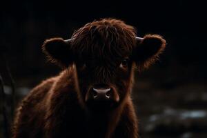 retrato de tierras altas vaca becerro en Escocia oscuro colores. ai generado foto