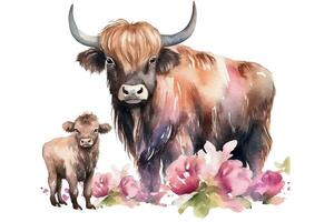 Watercolor mom and baby yak baby shower print on demand rose bouquet yak digital file clipping path isolated on white background. photo