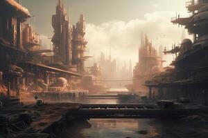 A futuristic cityscape with a post apocalyptic and dark tone. photo