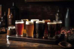 Different types of beer on the bar bar of the pub beer assortment cold different glasses of beer on the wooden table. photo