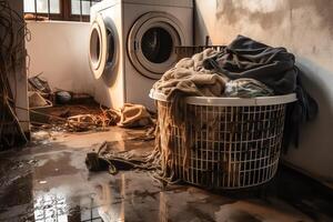 Washing machine in an old miserable filthy dilapidated bathroom basement or laundry room flooded after a water damage leak or natural flood disaster with hamper and linen. photo