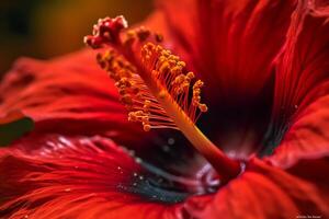 un macro imagen de un carmesí hibisco floración. ai generado foto