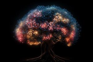 Energetic thinking glowing brain network in the m of a tree the concept of consciousness artificial intelligence. photo