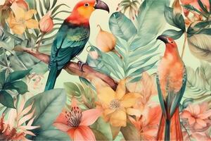 Tropical watercolor birds hummingbird monkey and jaguar exotic jungle plants leaves flowers flamingo pastel color seamless fabric background. photo