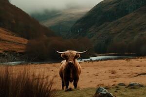 Highland cow in scotland valley. photo