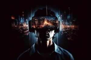 Vr headset double exposure metaverse futuristic virtual world state of consciousness technology. photo