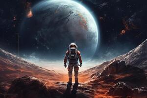 Astronaut moon and galaxy background moon landscape space wallpaper cosmic art. photo