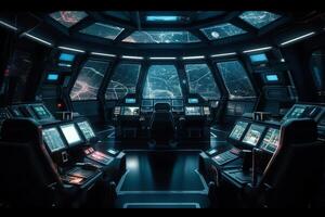 Futuristic view from spaceship cockpit control board 3d illustration science fiction background intense color. photo