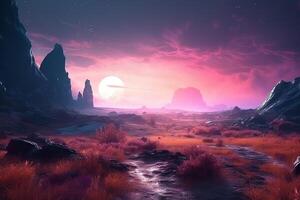 fantasía fábula púrpura planeta paisaje con dramático crepúsculo cielo con digital concepto Arte fantasía y Ciencias ficción paisaje vibrante color. ai generado foto