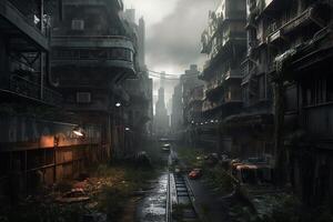 A futuristic cityscape with a post apocalyptic and dark tone. photo