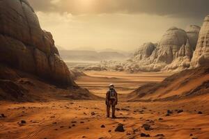 Deserted planet in alien world lone man astronaut and landscape. photo