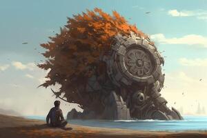 Futuristic man looking at a giant ancient engine covered with leaves sits on the beach digital art style. photo