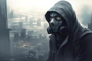 ilustración de hombre con gas máscara y capucha futurista ciudad en el antecedentes. ai generado foto