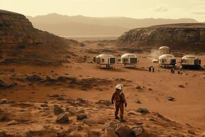 astronauta colonia en Marte descansando y tomando en el vista. ai generado foto