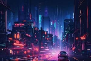 trama ilustración de el noche moderno ciudad cyberpunk edificios rascacielos neón resplandor Ciencias ficción artificial inteligencia. ai generado foto