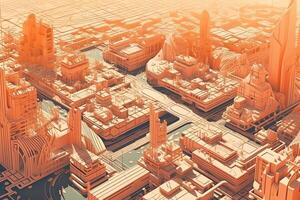 Aerial view of futuristic city metaverse sunny day parametric buildings image. photo