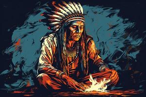 Native american shaman in contemplation during fire ceremony indian chief healer in traditional style and vibrant high contrast colours with a lot of detail illustration. photo