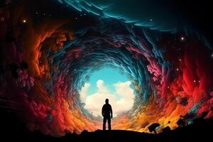Young adventurer in front of portal to fantasy dimensions that radiate power and energy dramatic saturated high contrast powerful twister clouds . photo