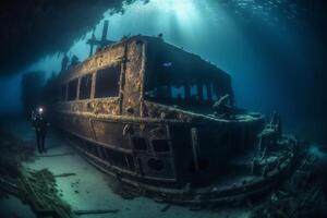 Scuba divers exploring a sunken shipwreck underwater mysteries high quality. photo