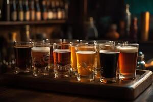 diferente tipos de cerveza en el bar bar de el pub cerveza surtido frío diferente lentes de cerveza en el de madera mesa. ai generado foto