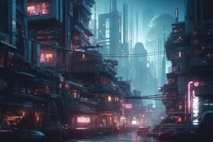 Cyberpunk city with space add character 3d render. photo