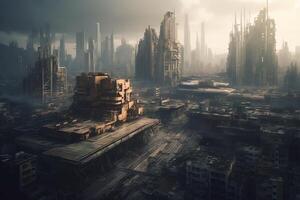 A futuristic cityscape with a post apocalyptic and dark tone. photo