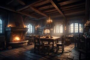 Dark moody medieval tavern inn interior with food and drink on tables burning open fireplace candles and daylight through a window 3d illustration. photo