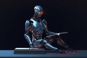 Robotic cyborg pressing robot is sitting and reading a book artificial intelligence banner place text. photo