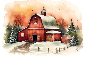 Christmas red barn and green trees watercolor illustration. photo