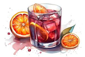 Watercolor negroni cocktail with orange slice isolated on white background watercolour drink illustration. photo