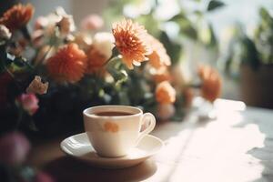 Cup of coffee sits on table next to flowers. photo