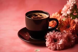 un taza de café en un rosado antecedentes con flores café jarra con flores y rosado antecedentes. ai generado foto