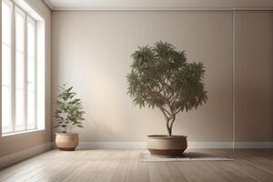 3D empty interior with home plant. photo