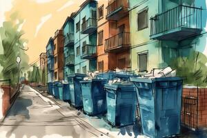 Apartment complex overflowing blue recycle bins in watercolor with. photo