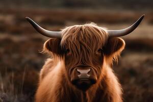 retrato de un marrón escocés tierras altas vacas vaca con largo cuernos. ai generado foto