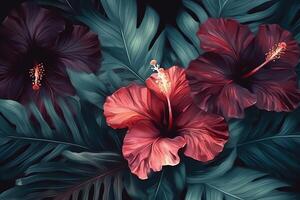 tropical exótico sin costura modelo con hibisco flores hermosa palma plátano hojas dibujado a mano oscuro Clásico 3d ilustración atractivo resumen antecedentes Arte bueno lujo fondos de pantalla paño. ai generado foto