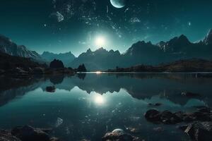 Futuristic fantasy scifi landscape mountains lake with large planet galaxy with light reflection in water. photo