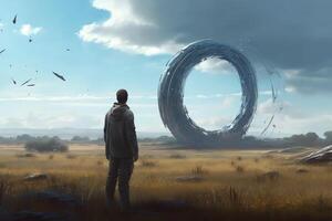 Scifi scene showing futuristic man standing in a field looking at the planet with giant rings digital art style illustration painting. photo