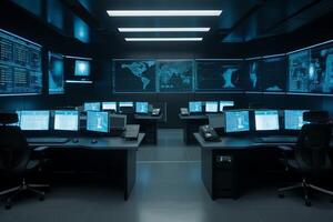 Empty interior of big modern security system control room workstation with multiple displays monitoring room with at security data center empty office desk and chairs. photo