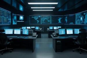 Empty interior of big modern security system control room workstation with multiple displays monitoring room with at security data center empty office desk and chairs. photo