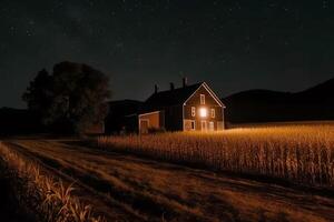 A corn field with a barn in the background at night. photo